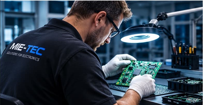 MIE-TEC electronics engineer inspecting and testing a prototype PCB