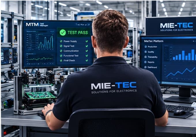 MIE-TEC MTM production test station with automated PCB testing and traceability software